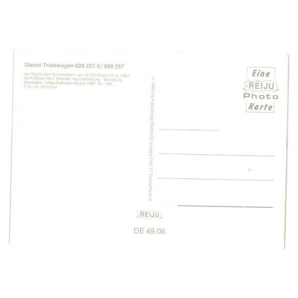 Diesel Locomotive Postcard Dutch Bundesbahn 628 257-5  Cable Train Würzburg 1987 - Picture 2 of 2